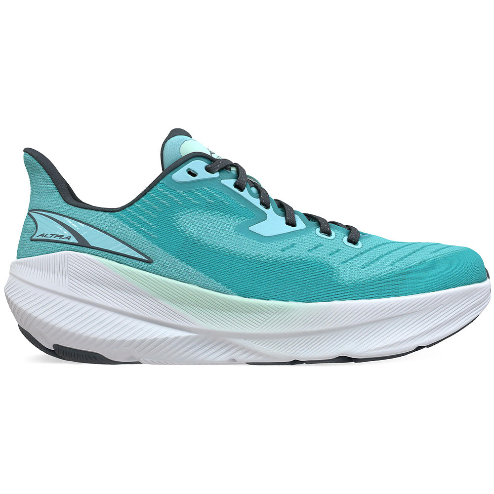 Side view on white background of Womens Altra Experience running shoe in Teal, Medium (Regular) width