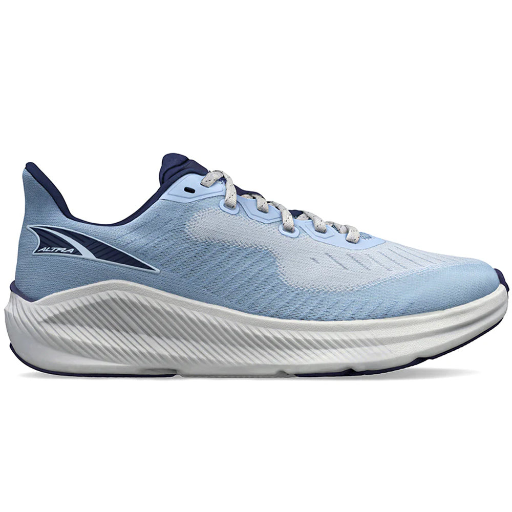 Side view on white background of Womens Altra Experience running shoe in Blue/Gray, Medium (Regular) width