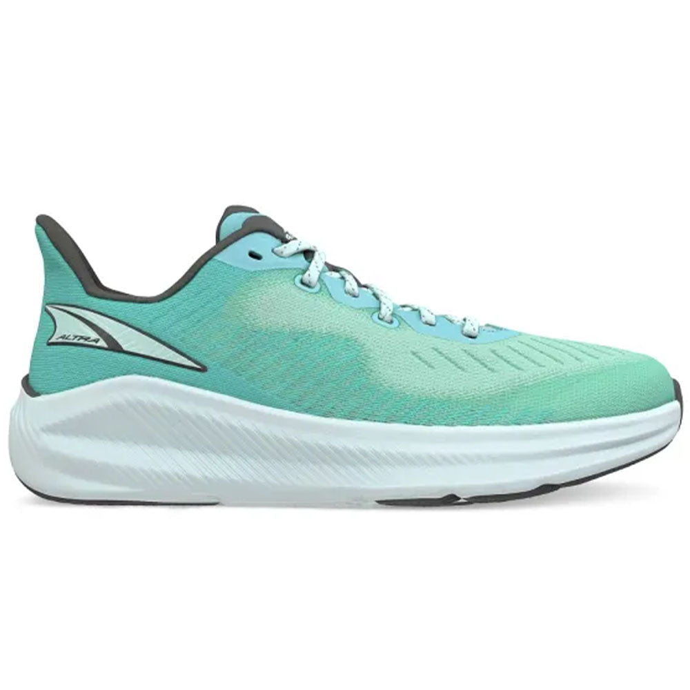 Side view on white background of Womens Altra Experience running shoe in Teal, Medium (Regular) width