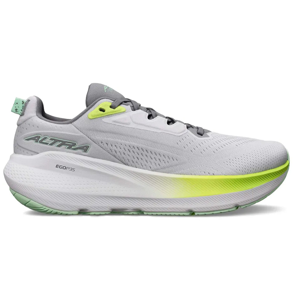 Side view on white background of Womens Altra FWD Via running shoe in Gray, Medium (Regular) width