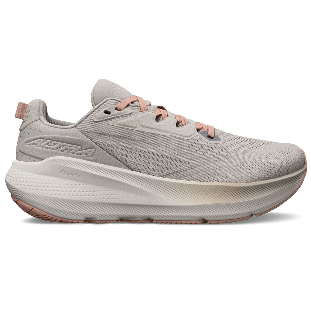 Side view on white background of Womens Altra FWD Via running shoe in Tan, Medium (Regular) width