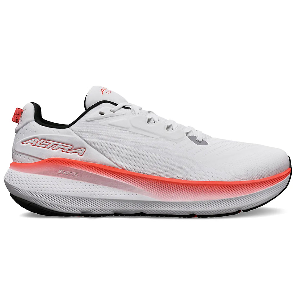 Side view on white background of Womens Altra FWD Via running shoe in White/Coral, Medium (Regular) width