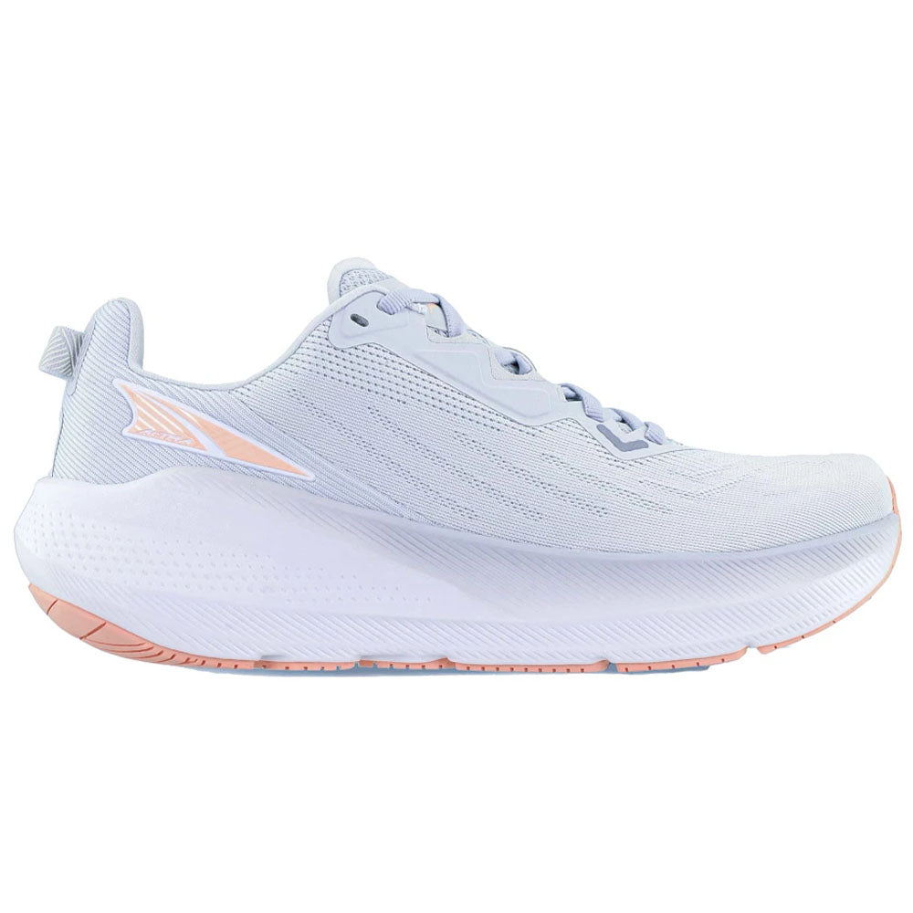 Side view on white background of Womens Altra FWD running shoe in Light Gray, Medium (Regular) width