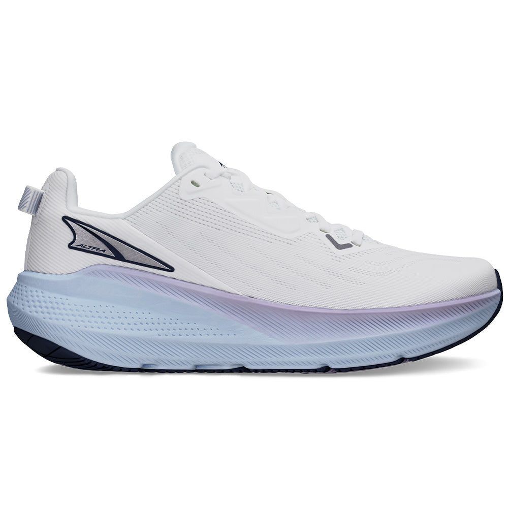 Side view on white background of Womens Altra FWD running shoe in White/Light Blue, Medium (Regular) width