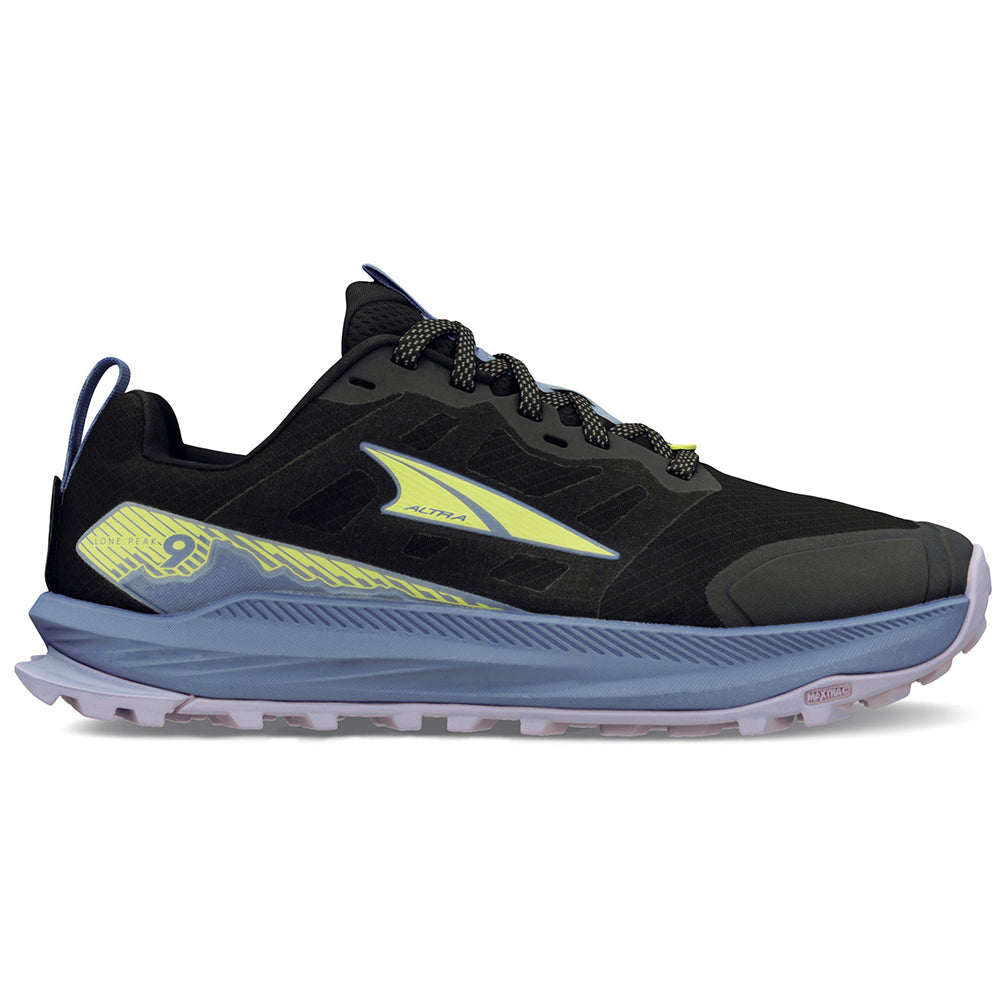 Side view on white background of Womens Altra Lone Peak running shoe in Black/Blue, Medium (Regular) width