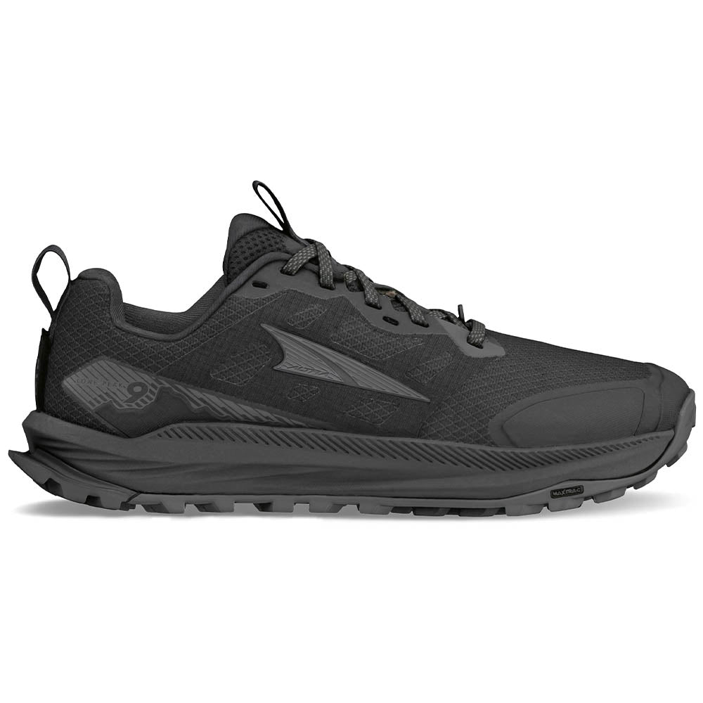 Side view on white background of Womens Altra Lone Peak running shoe in Black, Medium (Regular) width