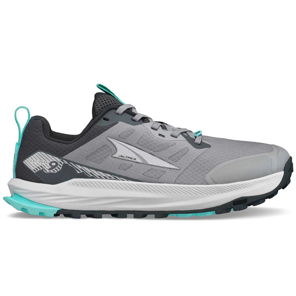 Side view on white background of Womens Altra Lone Peak running shoe in Gray, Medium (Regular) width