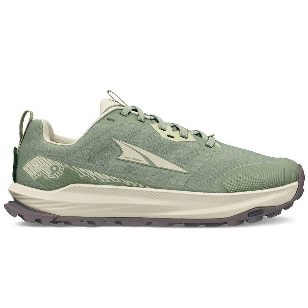 Side view on white background of Womens Altra Lone Peak running shoe in Green, Medium (Regular) width