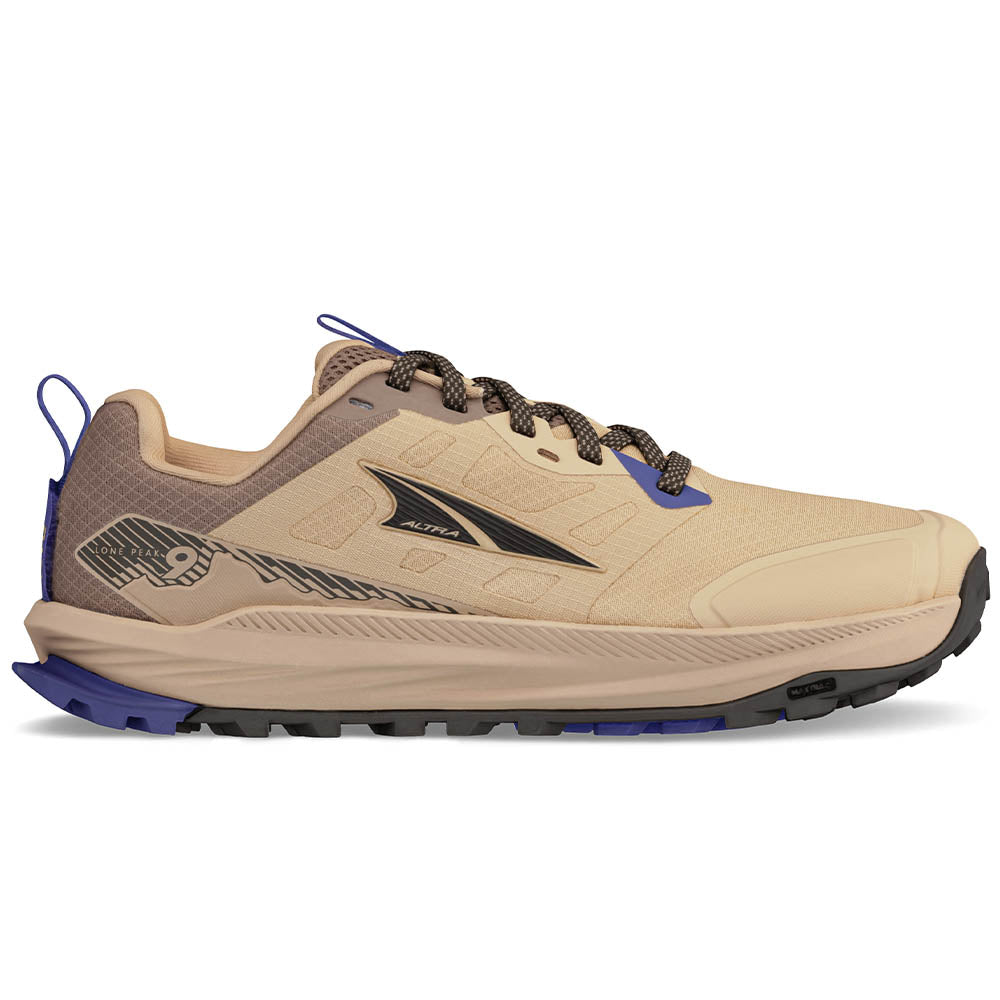 Side view on white background of Womens Altra Lone Peak running shoe in Tan, Medium (Regular) width