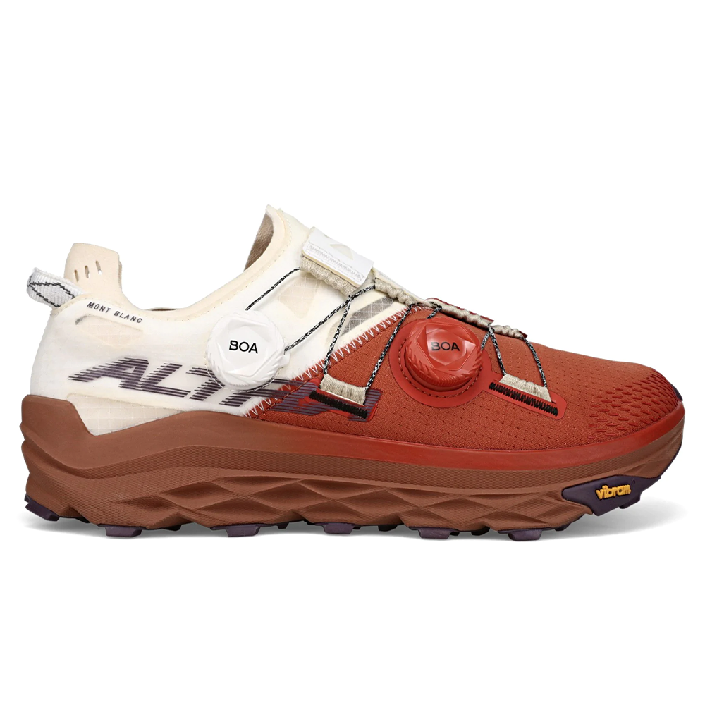 Side view on white background of Womens Altra Mont Blanc running shoe in Maroon Bells, Medium (Regular) width