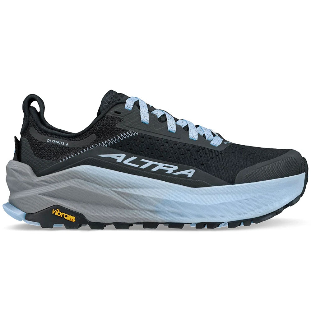 Side view on white background of Womens Altra Olympus running shoe in Black, Medium (Regular) width