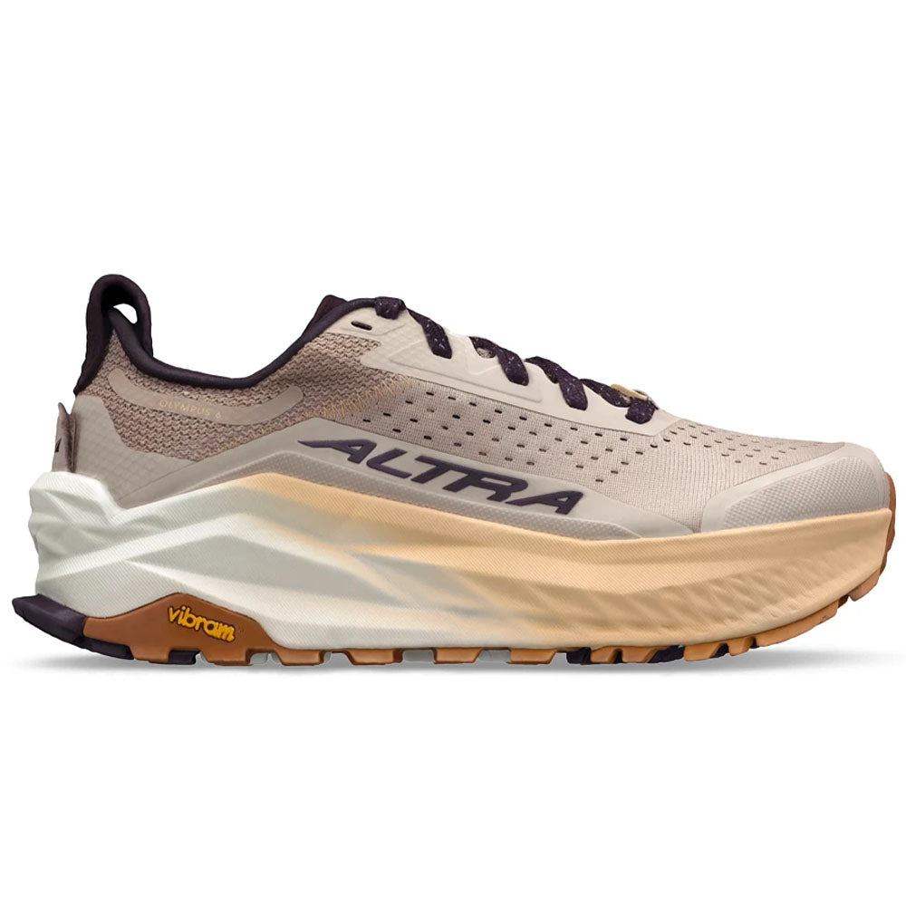Side view on white background of Womens Altra Olympus running shoe in Taupe, Medium (Regular) width