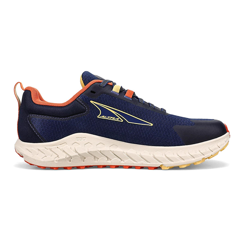 Side view on white background of Womens Altra Outroad running shoe in Navy, Medium (Regular) width