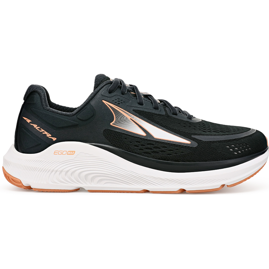 Side view on white background of Womens Altra Paradigm running shoe in Black, Medium (Regular) width
