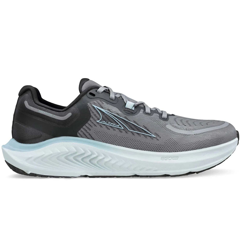 Side view on white background of Womens Altra Paradigm running shoe in Dark Gray, Medium (Regular) width