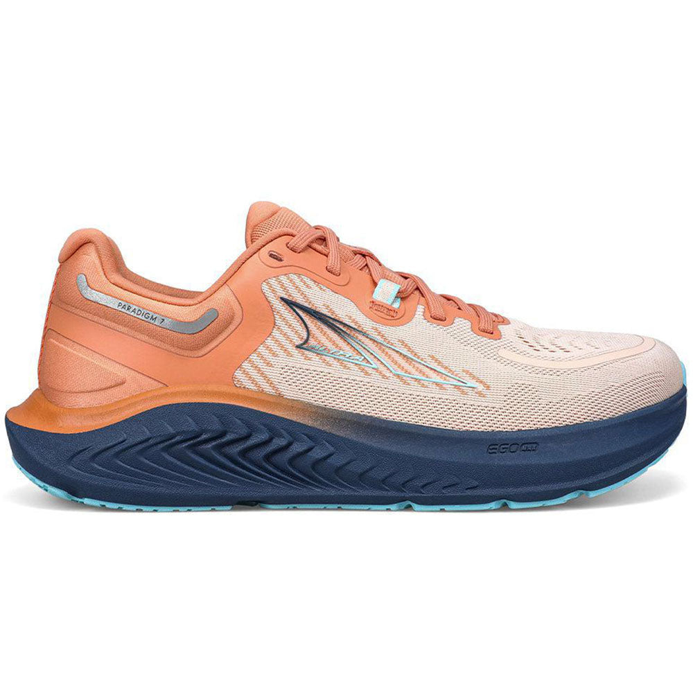 Side view on white background of Womens Altra Paradigm running shoe in Navy/Coral, Medium (Regular) width