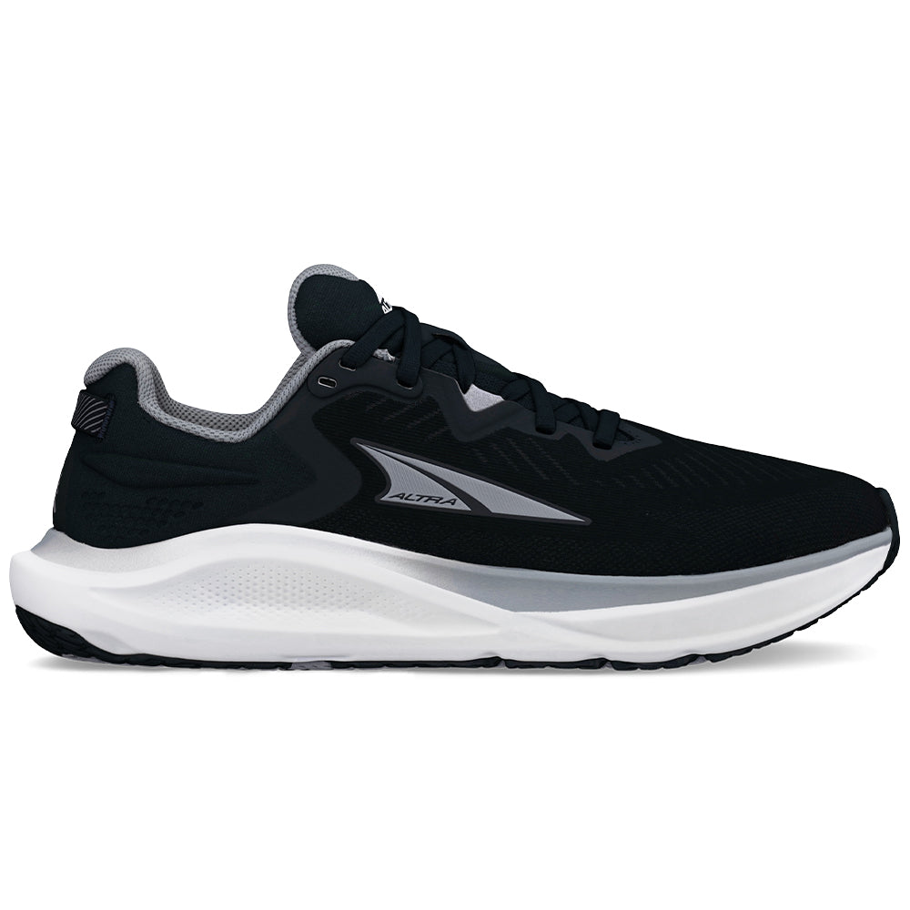 Side view on white background of Womens Altra Paradigm running shoe in Black/White, Medium (Regular) width