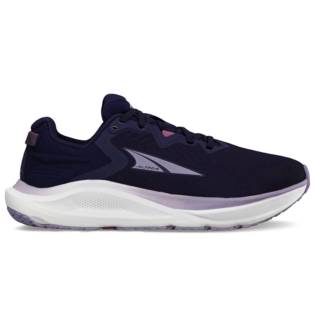 Side view on white background of Womens Altra Paradigm running shoe in Navy, Medium (Regular) width