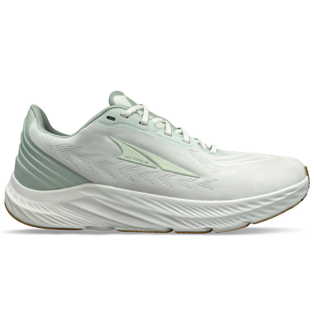 Side view on white background of Womens Altra Rivera running shoe in White, Medium (Regular) width
