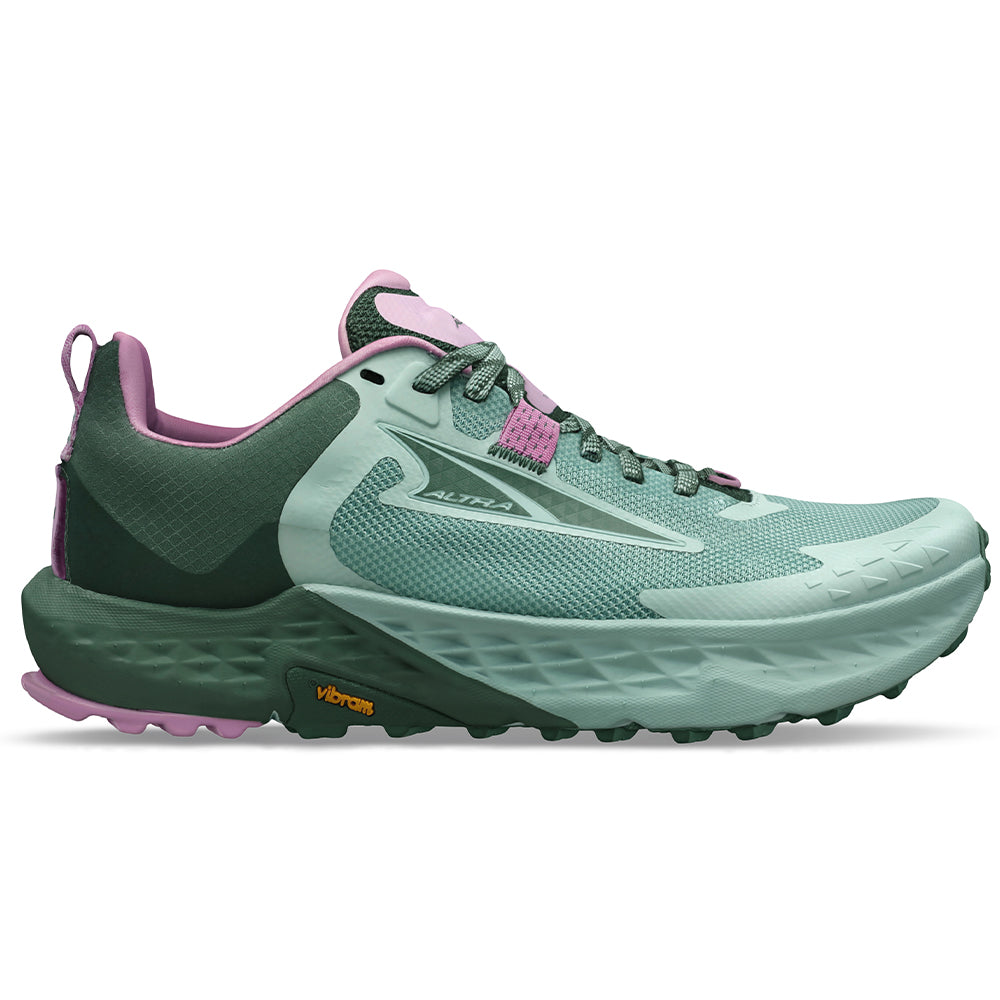 Side view on white background of Womens Altra Timp running shoe in Macaw Green/Deep Frost, Medium (Regular) width