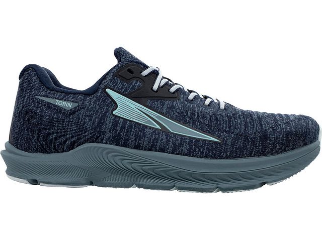 Side view on white background of Womens Altra Torin 5 Luxe running shoe in Navy, Medium (Regular) width