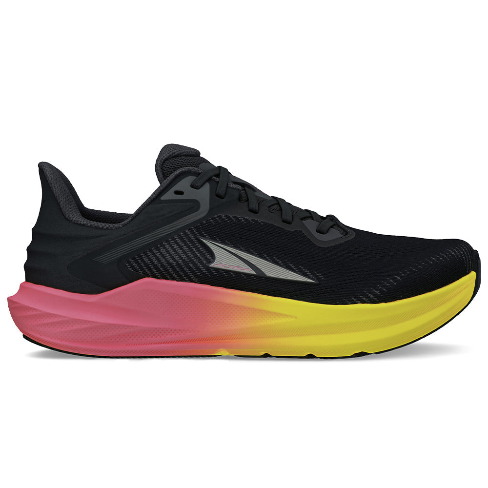 Side view on white background of Womens Altra Torin running shoe in Black/Pink, Medium (Regular) width