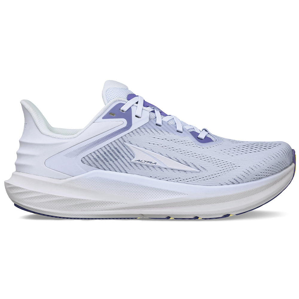 Side view on white background of Womens Altra Torin running shoe in Blue, Medium (Regular) width