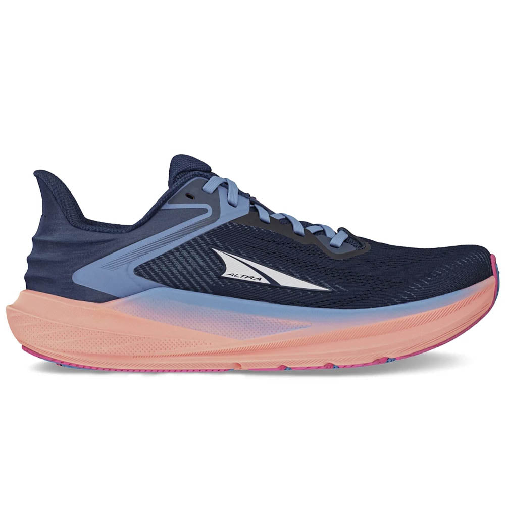 Side view on white background of Womens Altra Torin running shoe in Navy, Medium (Regular) width