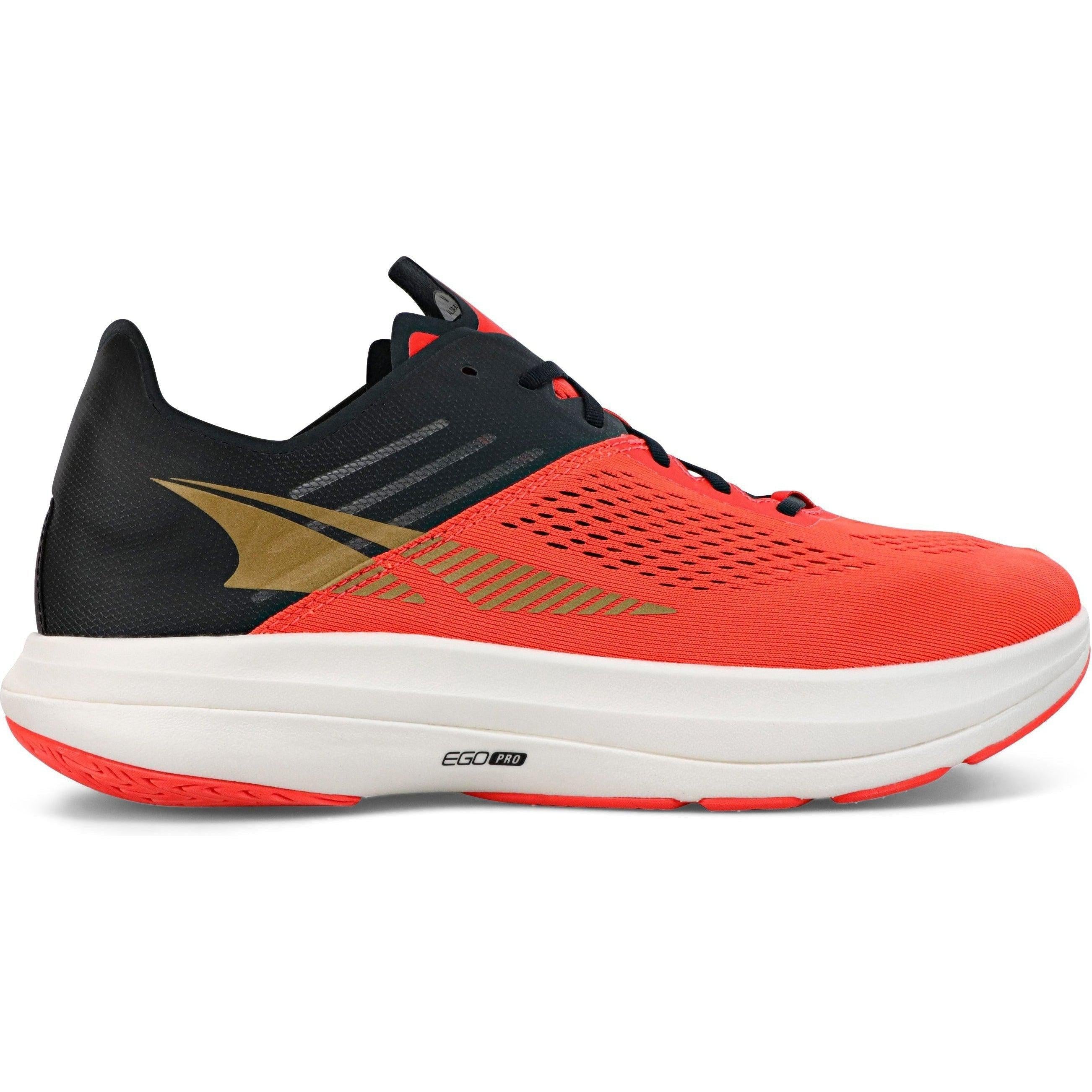 Side view on white background of Womens Altra Vanish Carbon running shoe in Coral/Black, Medium (Regular) width