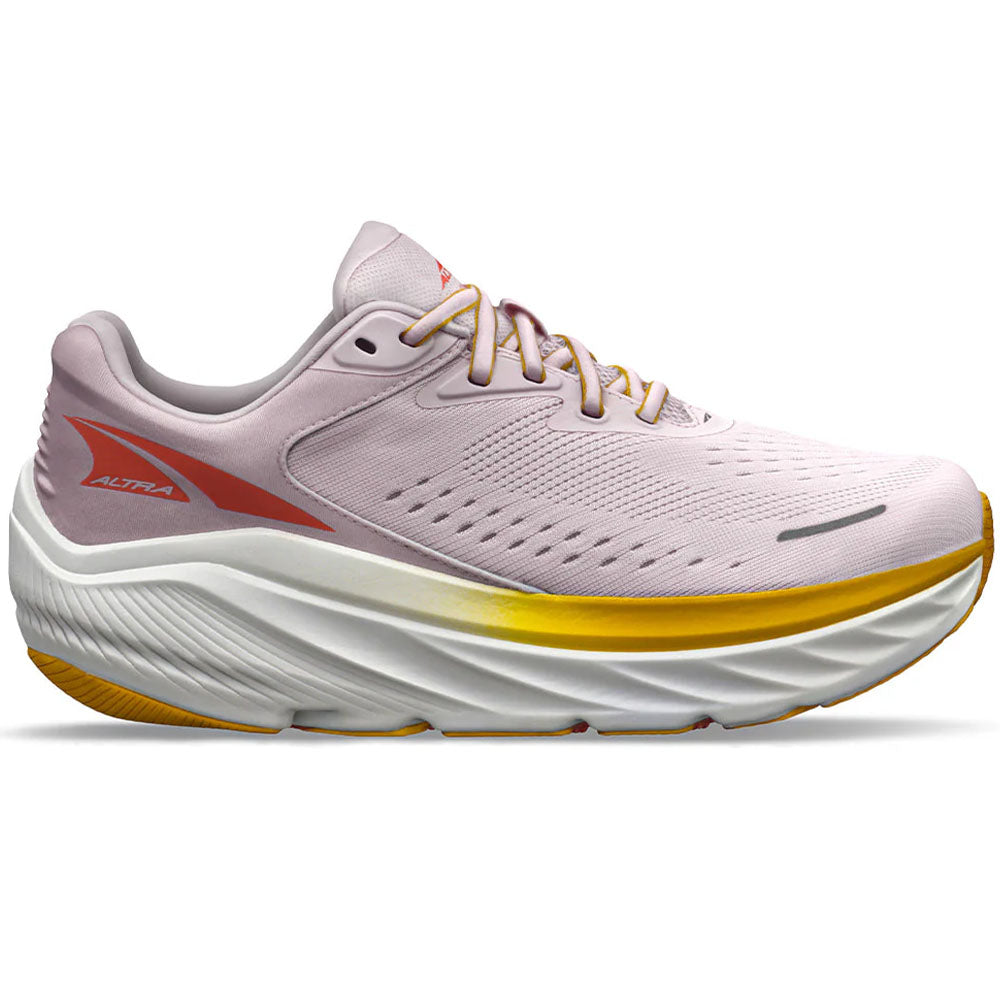 Side view on white background of Womens Altra Via Olympus running shoe in Pink/Orange, Medium (Regular) width