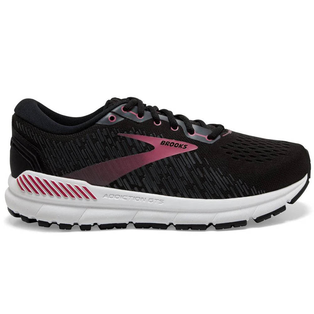 Side view on white background of Womens Brooks Addiction running shoe in Black/Ebony/Mauvewood, Narrow width