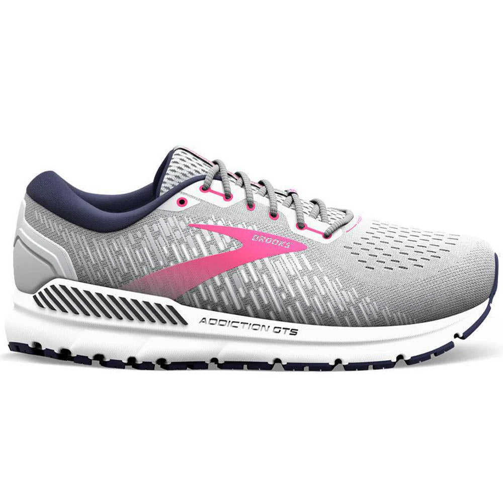 Side view on white background of Womens Brooks Addiction running shoe in Oyster/Peacoat/Lilac Rose, Medium (Regular) width