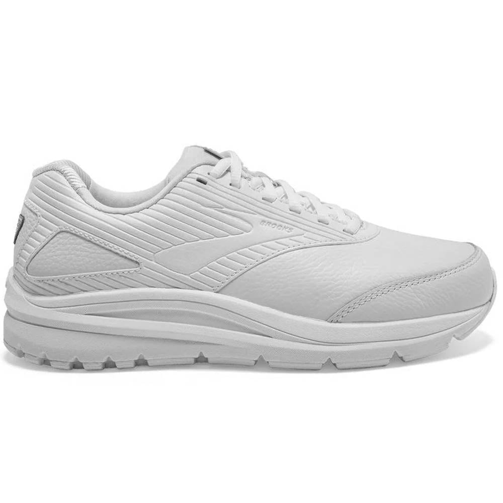 Side view on white background of Womens Brooks Addiction running shoe in White/White, Wide width