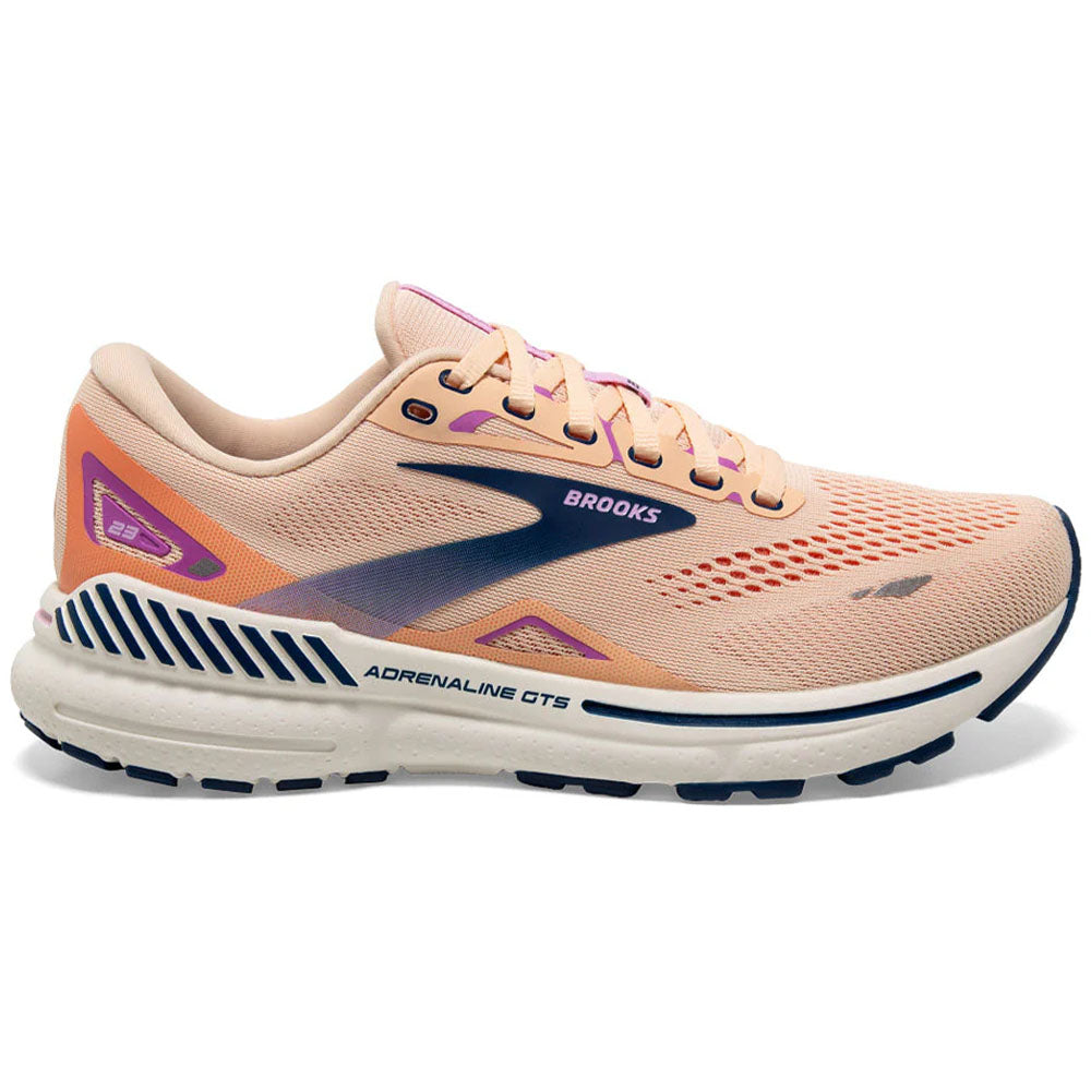 Side view on white background of Womens Brooks Adrenaline GTS running shoe in Apricot/Estate Blue/Orchid, Medium (Regular) width