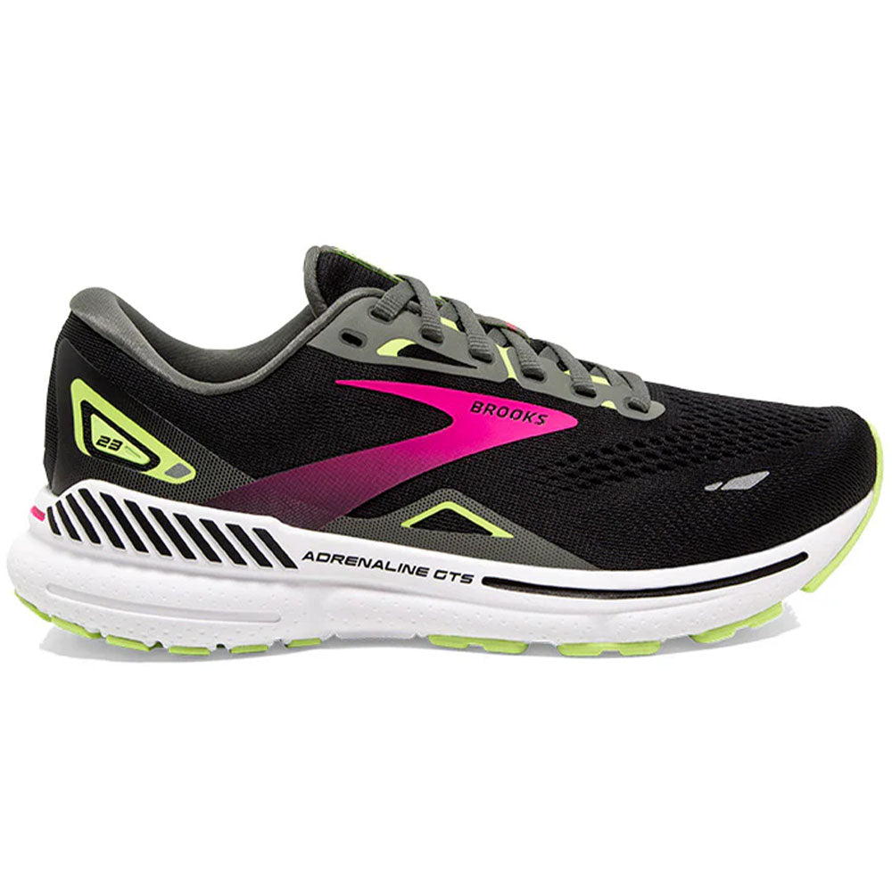 Side view on white background of Womens Brooks Adrenaline GTS running shoe in Black/Gunmetal/Sharp Green, Narrow width
