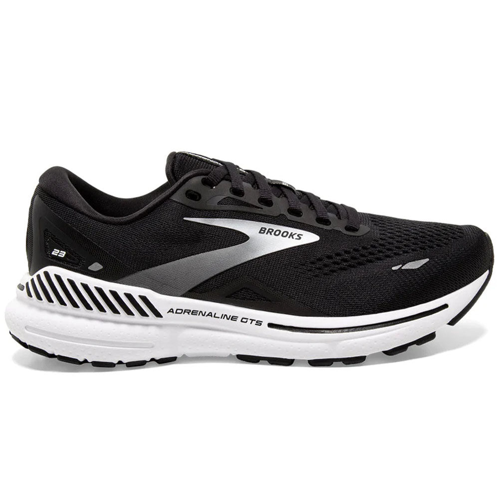 Side view on white background of Womens Brooks Adrenaline GTS running shoe in Black/White/Silver, Medium (Regular) width