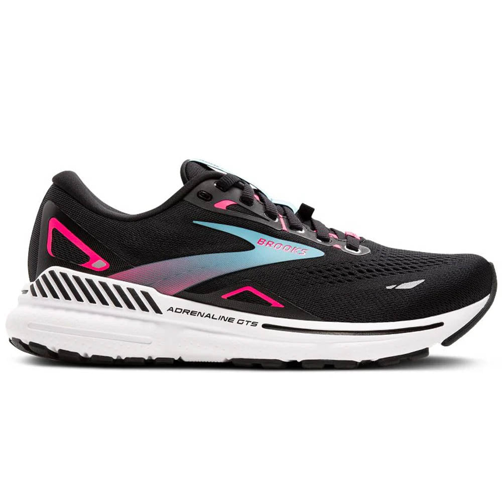Side view on white background of Womens Brooks Adrenaline GTS running shoe in Black/Knockout Pink/Aqua, Medium (Regular) width