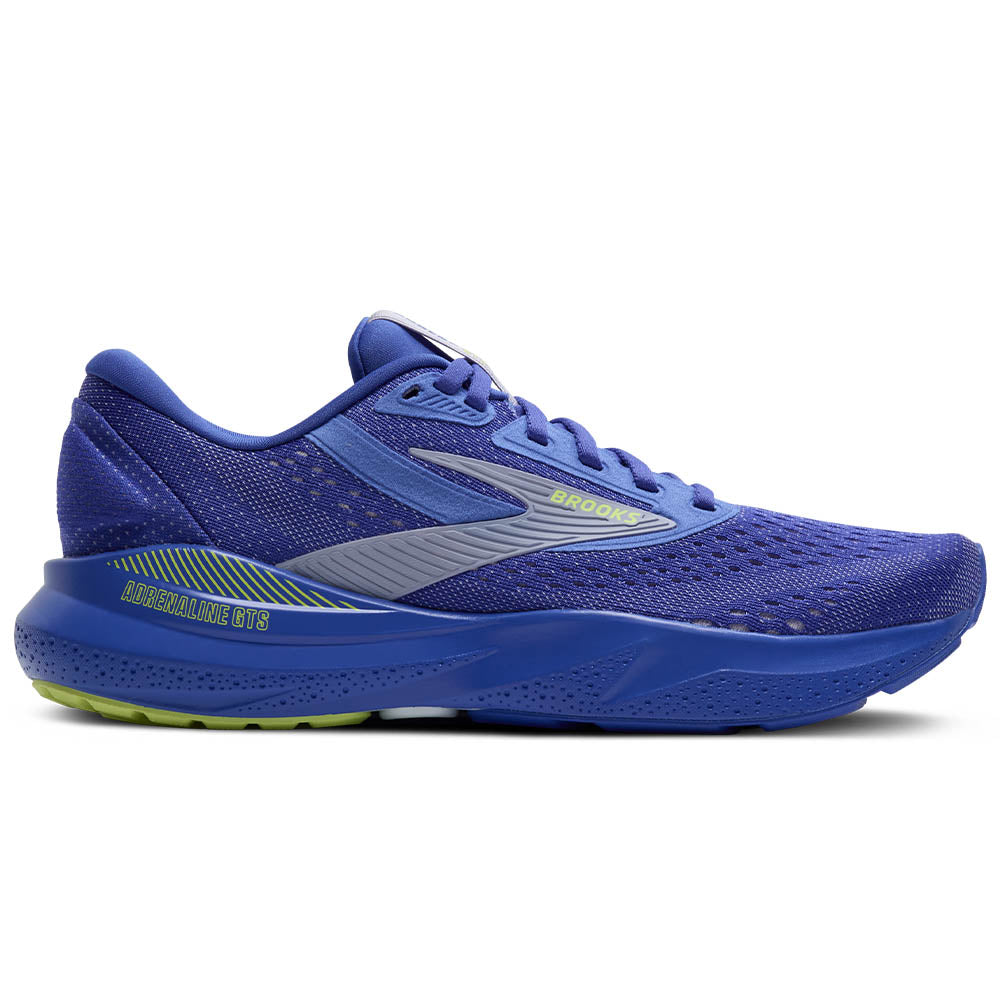 Side view on white background of Womens Brooks Adrenaline GTS running shoe in Amparo/Thistle/Yellow, Medium (Regular) width