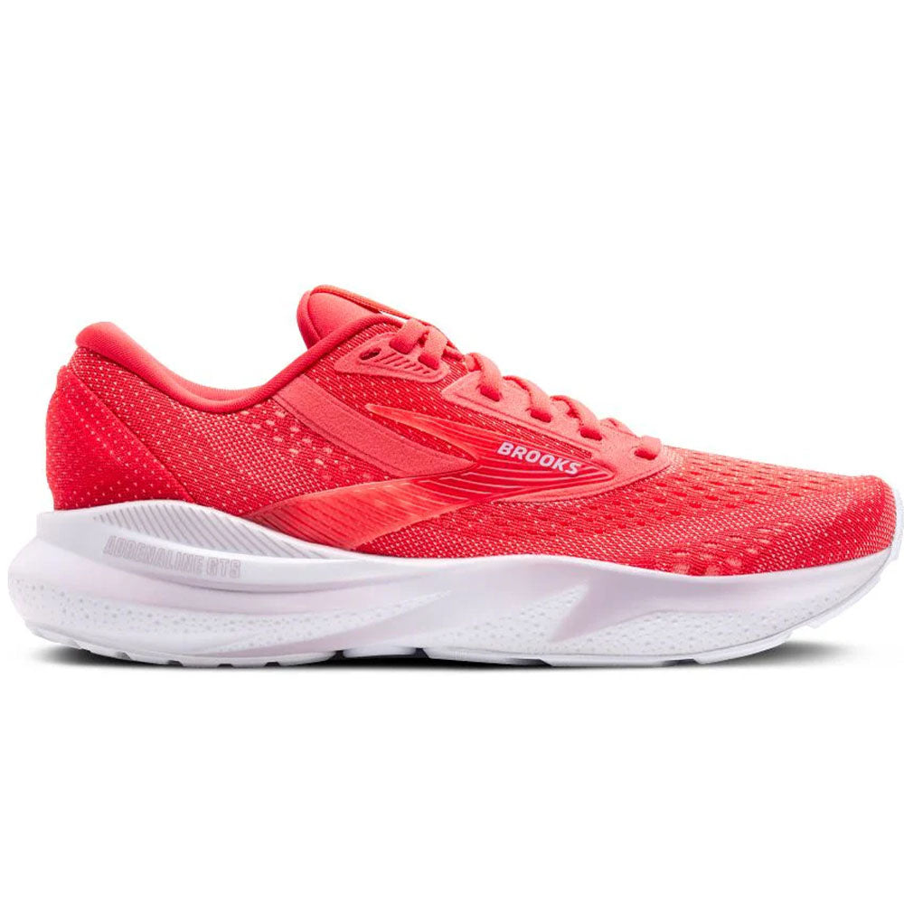 Side view on white background of Womens Brooks Adrenaline GTS running shoe in Cayenne/Thistle/White, Medium (Regular) width