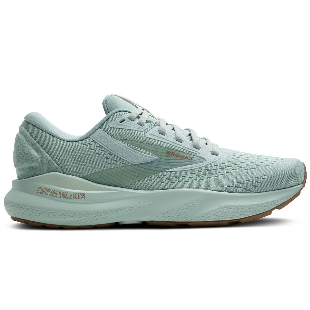Side view on white background of Womens Brooks Adrenaline GTS running shoe in Cloud Blue/Coconut/Portabella, Medium (Regular) width