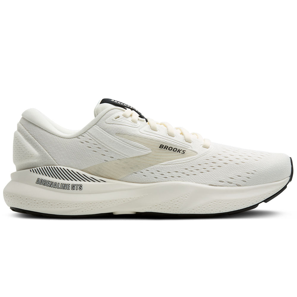 Side view on white background of Womens Brooks Adrenaline GTS running shoe in Coconut/Black/White Sand, Medium (Regular) width