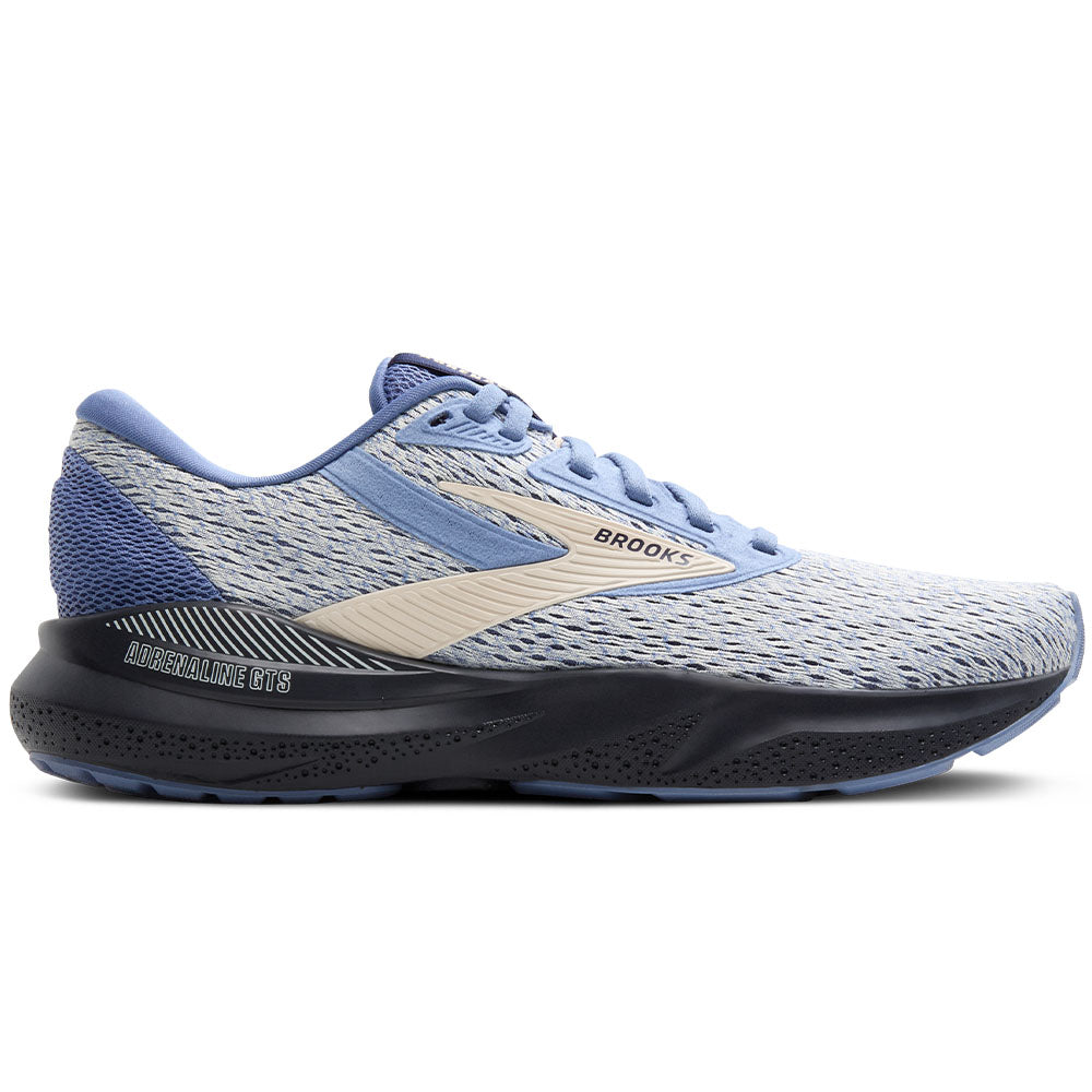 Side view on white background of Womens Brooks Adrenaline GTS running shoe in Country Wash/Bluewash/Ebony, Medium (Regular) width