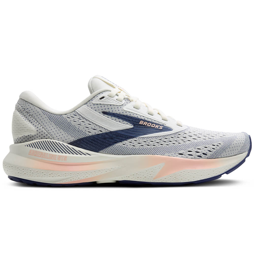 Side view on white background of Womens Brooks Adrenaline GTS running shoe in Grey/Blue Ribbon/Peach, Wide width