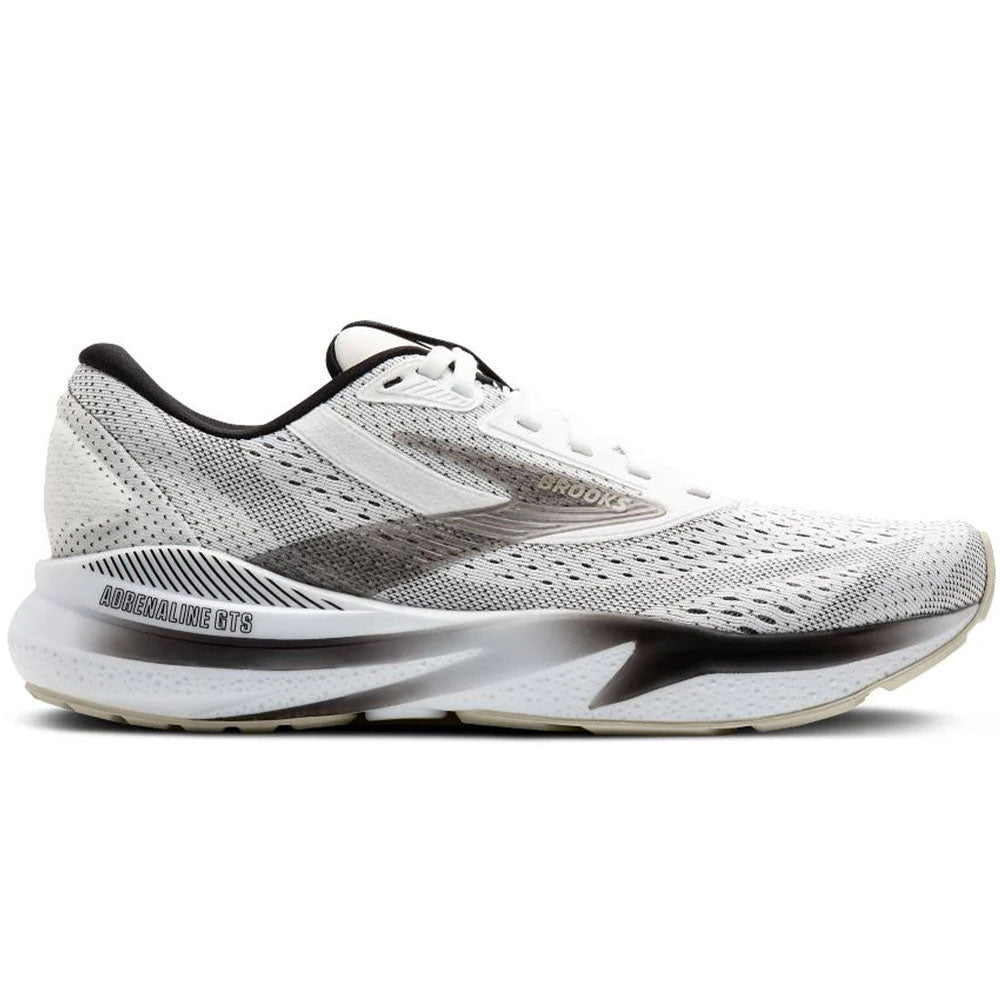 Side view on white background of Womens Brooks Adrenaline GTS running shoe in White/Black/Pelican, Medium (Regular) width