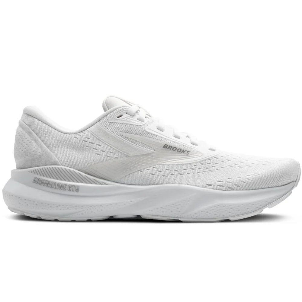 Side view on white background of Womens Brooks Adrenaline GTS running shoe in White/Oyster/Alloy, Medium (Regular) width