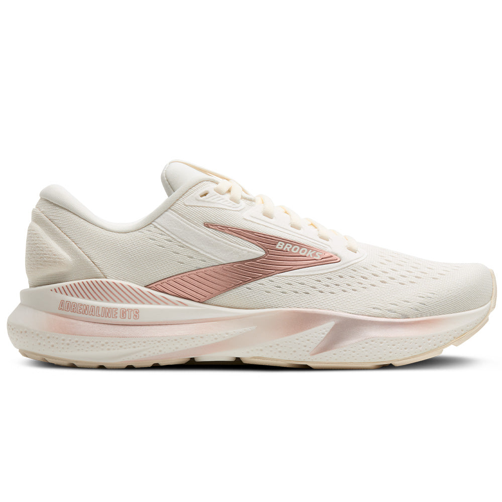 Side view on white background of Womens Brooks Adrenaline GTS running shoe in Coconut/Rose Gold/White, Medium (Regular) width