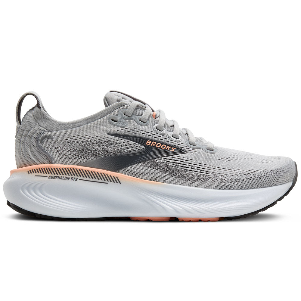 Side view on white background of Womens Brooks Adrenaline running shoe in Grey/Blackened Pearl/Coral, Wide width