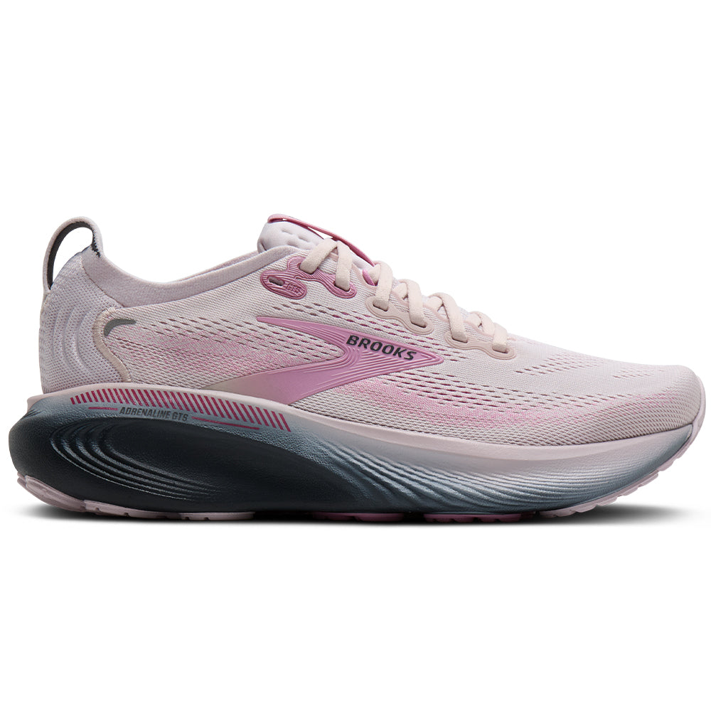 Side view on white background of Womens Brooks Adrenaline running shoe in Mauve/Ebony/Pink, Medium (Regular) width