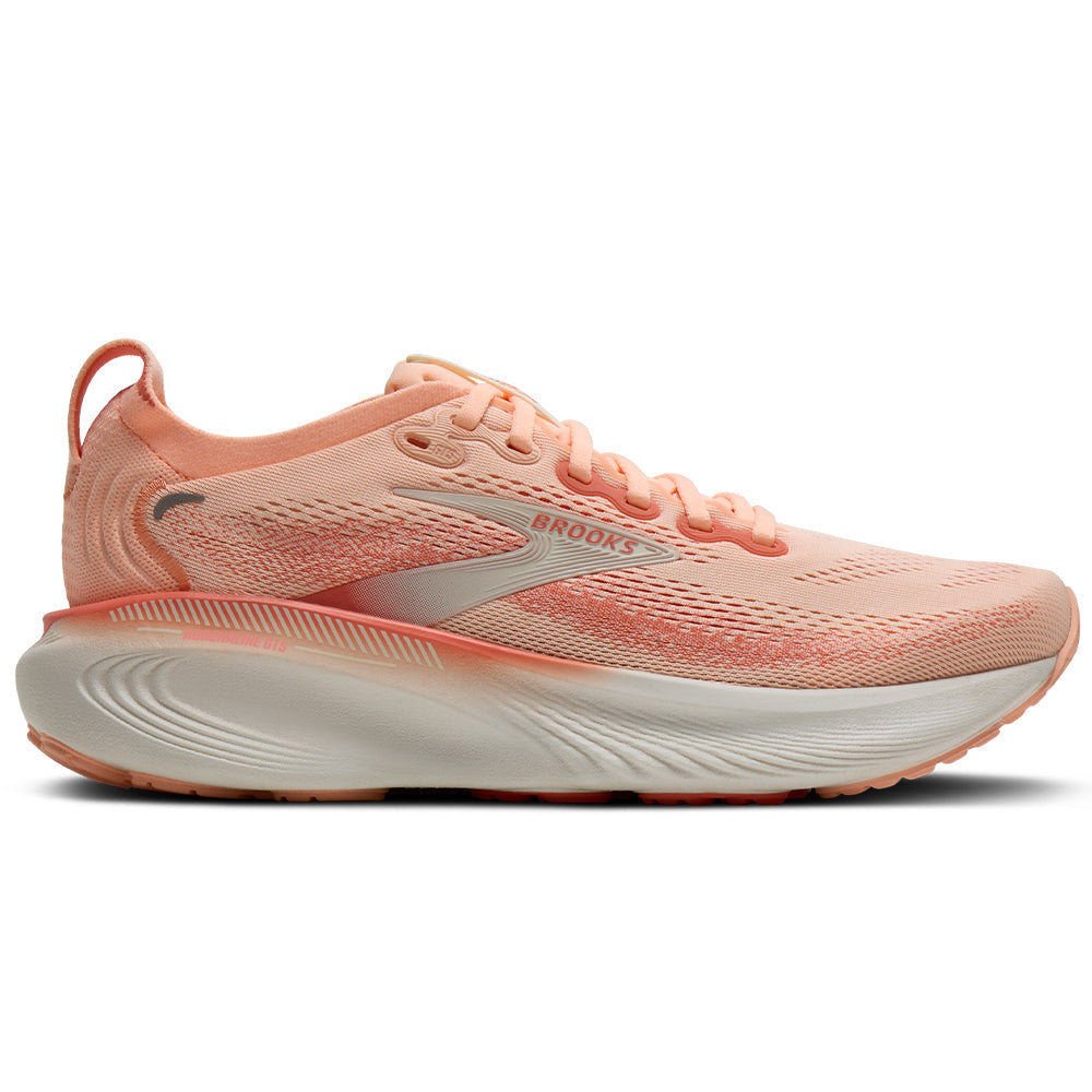 Side view on white background of Womens Brooks Adrenaline running shoe in Peach Echo/Coconut, Medium (Regular) width