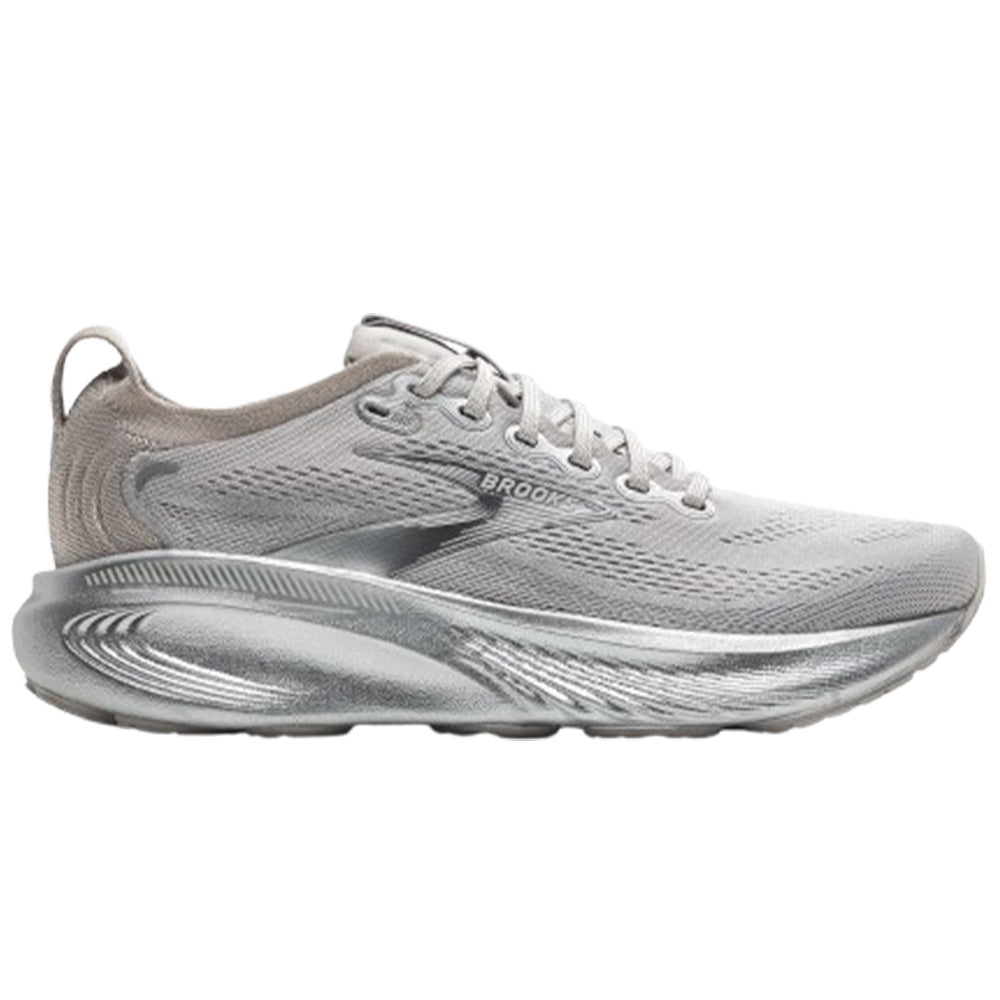 Side view on white background of Womens Brooks Adrenaline running shoe in Silver Anniversary Edition, Medium (Regular) width